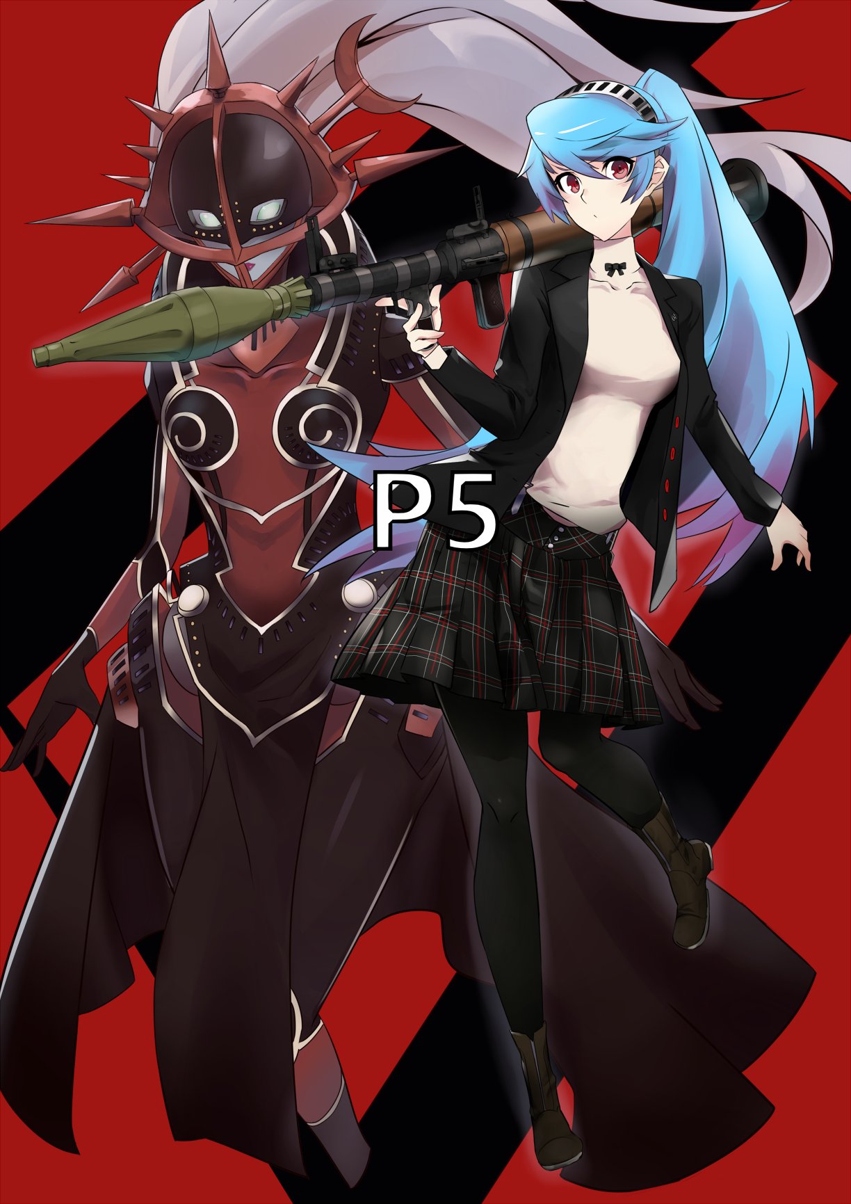 1girl, ariadne, blue_hair, highres, labrys, persona, persona_4:_the_ultimate_in_mayonaka_arena, persona_5, rdc7229, red_eyes, rocket_launcher, rpg, school_uniform, weapon