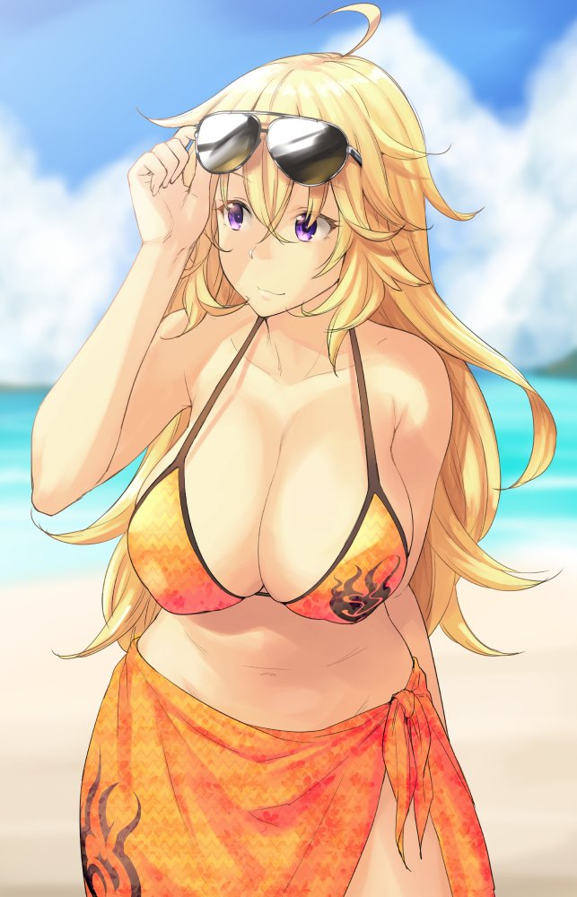1girl, bare_shoulders, beach, bikini_top, blonde_hair, breasts, cleavage, clouds, cowboy_shot, day, hiroya_juuren, large_breasts, long_hair, looking_to_the_side, navel, orange_bikini_top, outdoors, rwby, sky, smile, solo, stomach, sunglasses, sunglasses_on_head, violet_eyes, yang_xiao_long