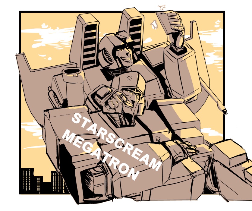 2boys, 80s, anger_vein, angry, cannon, cellphone, cellphone_camera, city, clouds, decepticon, greyscale, machine, machinery, mecha, megatron, monochrome, multiple_boys, no_humans, oden_(dofuko), oldschool, outdoors, personification, phone, robot, self_shot, sky, smile, starscream, taking_picture, town, transformers, weapon