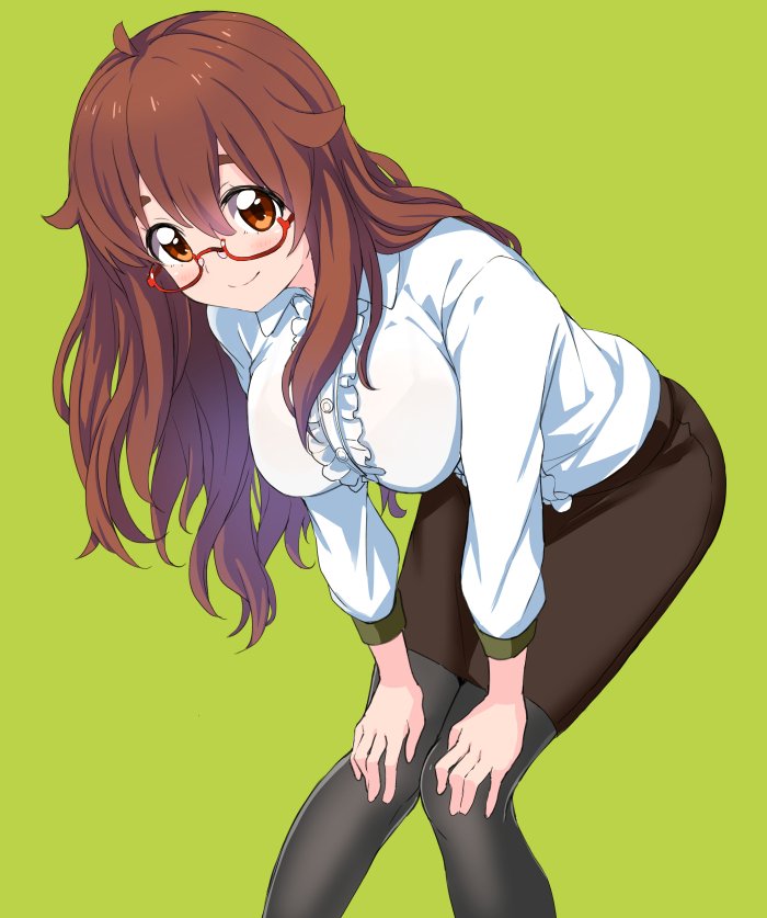 1girl, bent_over, black_legwear, breasts, brown_eyes, brown_hair, center_frills, glasses