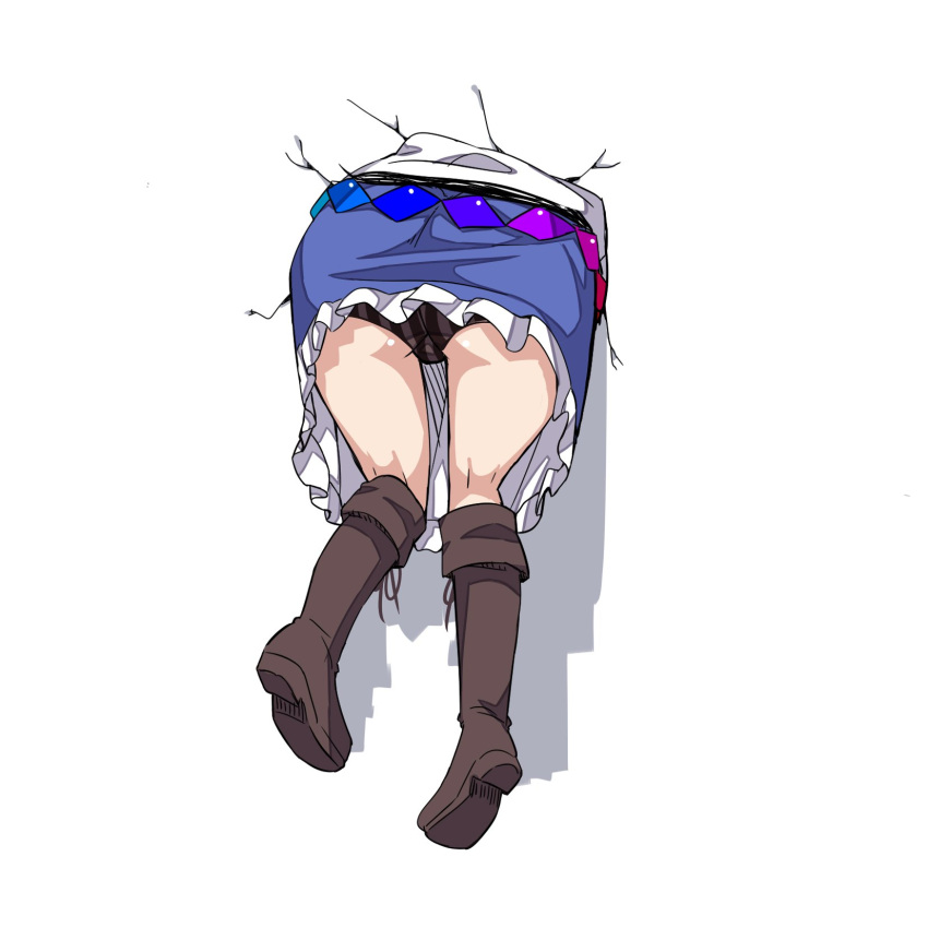 1girl, ass, black_panties, blue_skirt, boots, brown_boots, commentary_request, from_behind