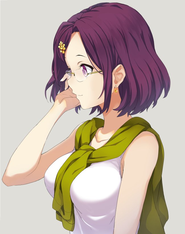 1girl, collarbone, earrings, flower, from_side, glasses, hair_flower, hair_ornament