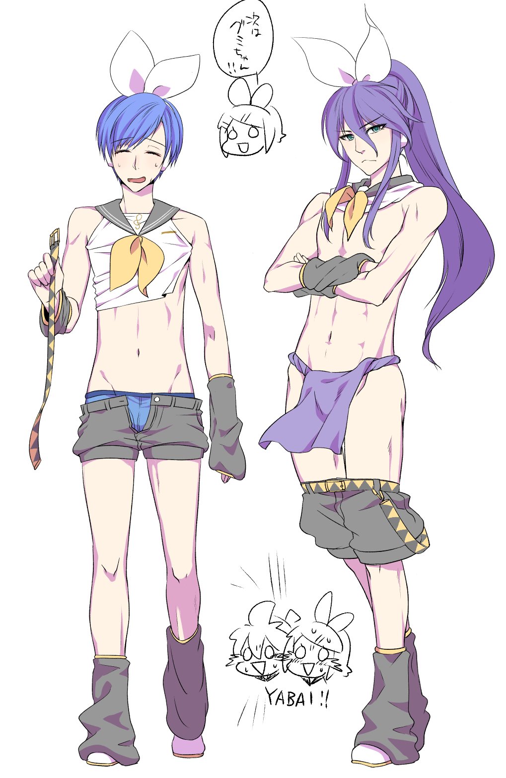 >:<, 2boys, abs, aqua_eyes, bare_shoulders, belt, blue_briefs, blue_hair, bow, briefs, closed_eyes, closed_mouth, cosplay, crossed_arms, detached_sleeves, ecchuu_fundoshi, embarrassed, fundoshi, hair_bow, hair_ornament, hairclip, headphones, headset, highres, japanese_clothes, kagamine_rin, kagamine_rin_(cosplay), kaito, kamui_gakupo, leg_warmers, long_hair, midriff, multiple_boys, navel, open_mouth, ponytail, purple_hair, sailor_collar, serious, shorts, sweatdrop, tamara, toned, toned_male, treble_clef, underwear, unzipped, vocaloid