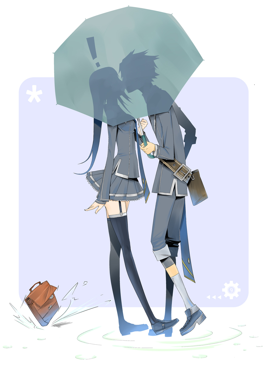 bad_id, bag, black_legwear, black_thighhighs, couple, garter_belt, highres, kiss