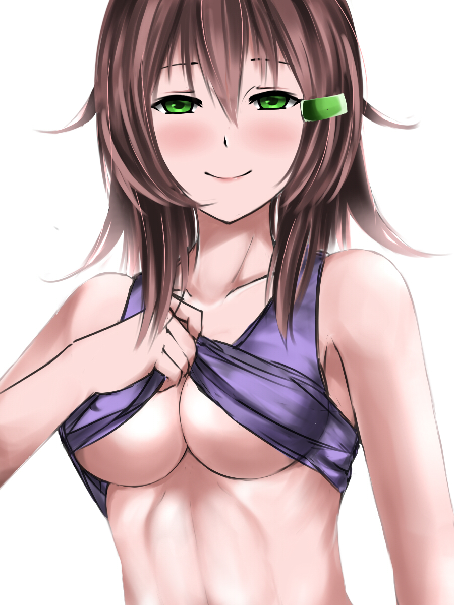 1girl, blush, breasts, brown_hair, ceijin, closed_mouth, collarbone, commentary, green_eyes, hair_ornament, hairclip, highres, long_hair, looking_at_viewer, medium_breasts, original, purple_shirt, shirt, shirt_lift, sketch, sleeveless, sleeveless_shirt, smile, solo, upper_body, white_background
