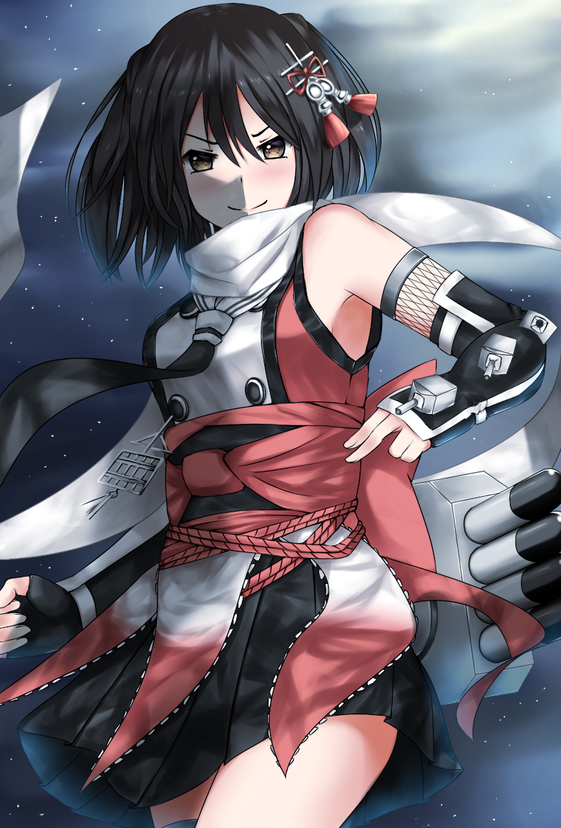>:), 1girl, black_gloves, black_hair, black_legwear, black_skirt, blush, breasts, brown_eyes, ceijin, clenched_hand, closed_mouth, commentary, cowboy_shot, elbow_gloves, fingerless_gloves, gloves, kantai_collection, looking_at_viewer, machinery, medium_breasts, neckerchief, night, night_sky, pleated_skirt, remodel_(kantai_collection), scarf, sendai_(kantai_collection), shirt, single_thighhigh, skirt, sky, sleeveless, sleeveless_shirt, smile, solo, star_(sky), thigh-highs, torpedo, two_side_up, white_scarf