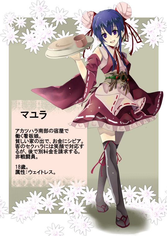 bad_id, black_legwear, black_thighhighs, blue_eyes, blue_hair, bun_cover, bun_hair, character_profile