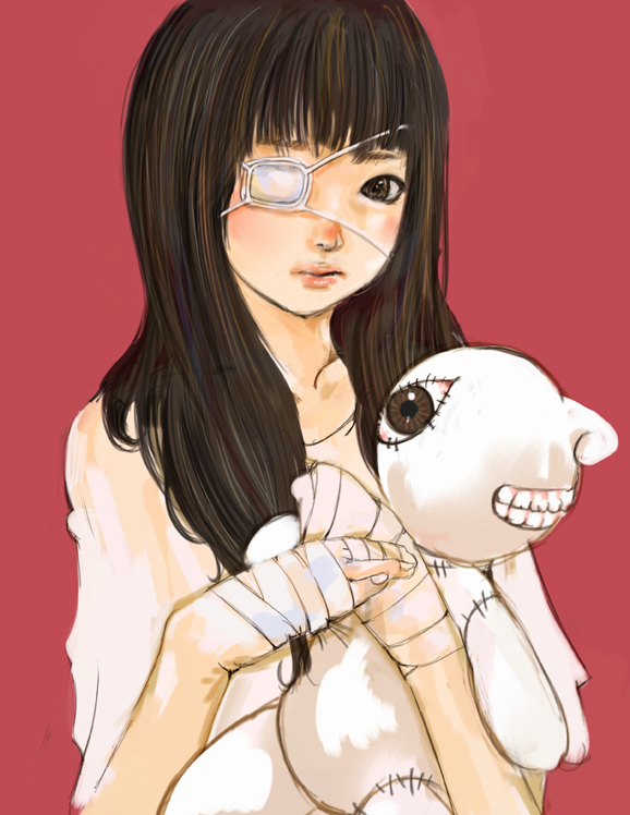 bandage, brown_eyes, brown_hair, eyepatch, kazaana, long_hair, original, stitches