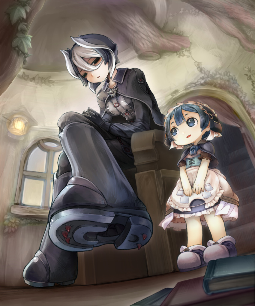 2girls, apron, black_eyes, black_gloves, black_hair, blue_eyes, blue_hair, book, boots, breasts, cape, capelet, corset, from_below, full_body, gloves, hair_between_eyes, hairband, hands_clasped, highres, indoors, lantern, leaning_forward, legs_crossed, lolita_hairband, looking_at_another, made_in_abyss, maruruk, medium_breasts, multicolored_hair, multiple_girls, ozen_the_immovable, parted_lips, plant, sabunaga_(partisan), shirt, shoes, short_sleeves, sitting, size_difference, skirt, spikes, stairs, standing, two-tone_hair, v_arms, waist_apron, whistle, white_apron, white_hair, window