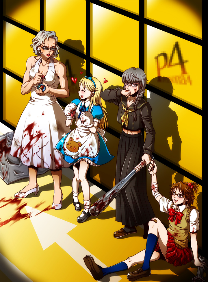 alice_(wonderland), alice_(wonderland)_(cosplay), apron, bandage, bandages, baseball_bat, blonde_hair, blood