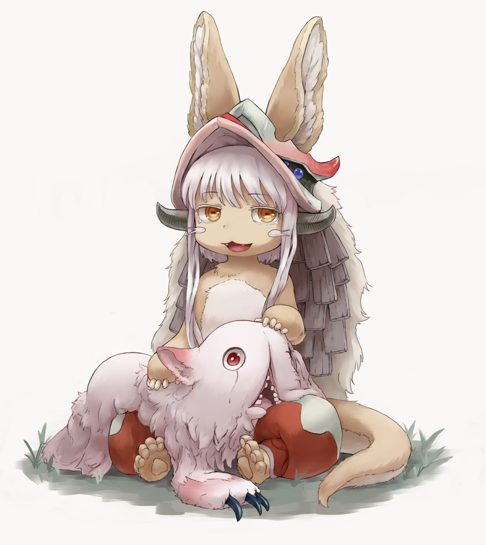 1girl, :3, :d, animal_ears, barefoot, brown_eyes, claws, colored_eyelashes, creature, eyebrows_visible_through_hair, fangs, full_body, furry, grass, hat, horns, kumama, looking_at_viewer, lying, made_in_abyss, mitty_(made_in_abyss), nanachi_(made_in_abyss), on_stomach, open_mouth, pants, petting, red_eyes, short_hair_with_long_locks, sitting, smile, tail, white_background, white_hair