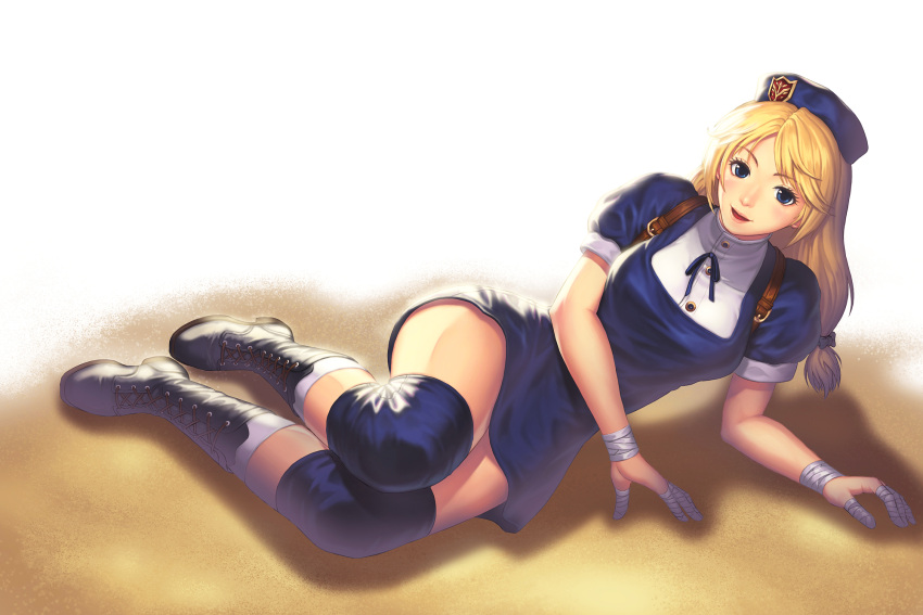 1girl, bandage, black_boots, blonde_hair, blue_eyes, blush, boots, breasts
