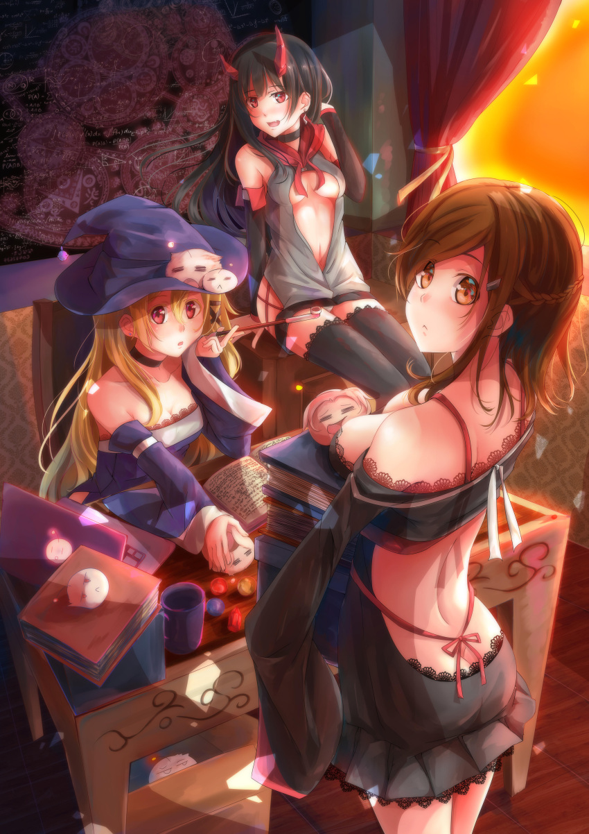 3girls, :d, absurdres, ass, back, back_opening, bangs, bare_shoulders