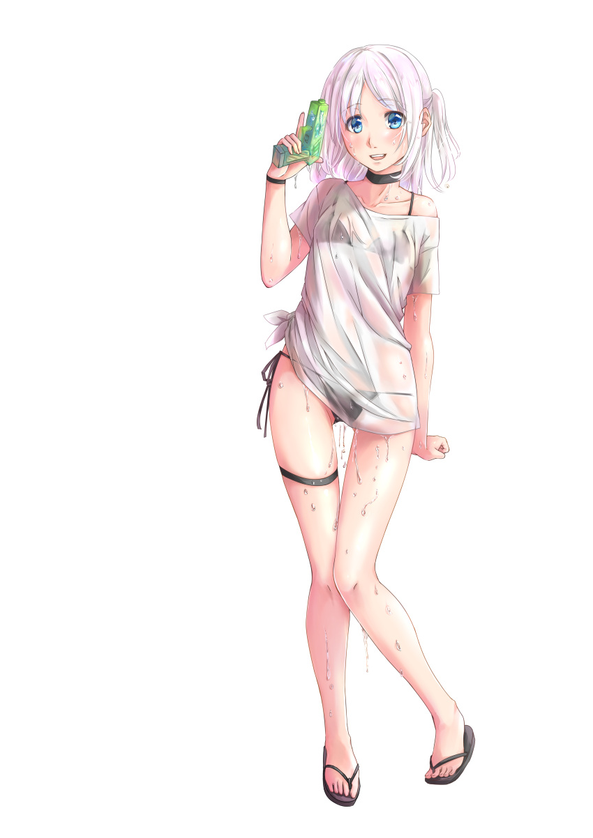 1girl, absurdres, arm_at_side, bangs, bikini, bikini_under_clothes, black_bikini, black_choker, blue_eyes, breasts, choker, clenched_hand, eijitsu, eyebrows_visible_through_hair, fang, full_body, gluteal_fold, highres, holding, knees_together_feet_apart, open_mouth, original, see-through, shirt, short_sleeves, side-tie_bikini, simple_background, slippers, small_breasts, smile, solo, standing, strap_gap, swimsuit, teeth, thigh_gap, thigh_strap, toenails, toes, trigger_discipline, upper_teeth, water_drop, water_gun, wet, wet_clothes, wet_hair, wet_shirt, white_background, white_hair, white_shirt, wrist_straps