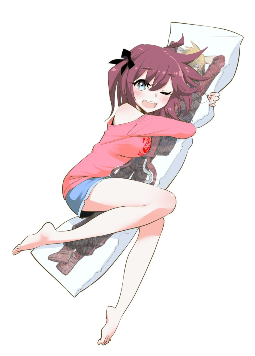 1girl, barefoot, blue_eyes, dakimakura_(object), from_above, hakua_shou, highres, kumagai_yuuki, looking_at_viewer, mikame_miharu, off_shoulder, official_art, one_eye_closed, pillow, pillow_hug, re:creators, re:creators_one_more!, shorts, simple_background, solo, two_side_up, white_background