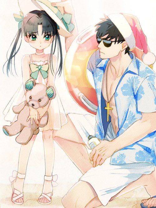 1boy, 1girl, akao_ppai, bare_shoulders, black_hair, blue_eyes, blush, brown_eyes, brown_hair, cross, cross_necklace, dress, fate/stay_night, fate/zero, fate_(series), hat, holding, innertube, jewelry, kotomine_kirei, long_hair, necklace, open_mouth, ribbon, santa_hat, stuffed_animal, stuffed_toy, sunglasses, teddy_bear, tohsaka_rin, twintails, white_dress