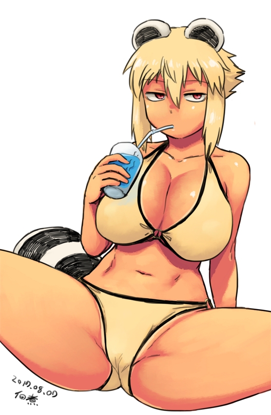 1girl, animal_ears, araiguma-san, bare_shoulders, bikini, blonde_hair, breasts, cleavage