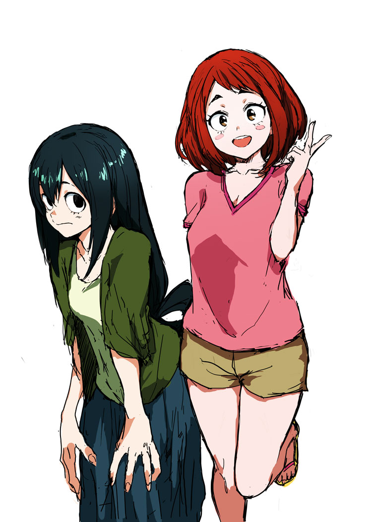10s, 2girls, :d, asui_tsuyu, black_eyes, black_hair, boku_no_hero_academia, breasts