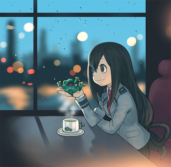 10s, 1girl, animal, asui_tsuyu, black_eyes, black_hair, blurry, boku_no_hero_academia, cup, depth_of_field, frog, green_hair, indoors, light_smile, long_hair, low-tied_long_hair, mug, rain, school_uniform, sitting, solo, temporori, tongue, twilight, window