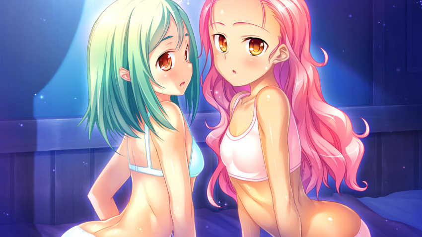2girls, alternate_hairstyle, arched_back, ass, bra, breasts, brown_eyes, butt_crack, dark_skin, flat_chest, game_cg, green_hair, kantaka, koihime_musou, kyocho, long_hair, messy_hair, multiple_girls, official_art, open_mouth, panties, pink_bra, pink_hair, pink_panties, small_breasts, ten'i, training_bra, underwear, underwear_only, upper_body