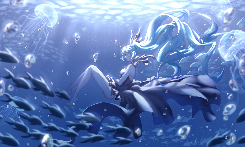 1girl, barefoot, black_dress, black_ribbon, blue_hair, bubble, closed_eyes, day, dress, eyebrows_visible_through_hair, female, fish, floating_hair, from_side, hair_ribbon, hatsune_miku, mitsuki_hana, outdoors, ribbon, shinkai_shoujo_(vocaloid), short_dress, sleeveless, sleeveless_dress, solo, twintails, underwater, very_long_hair, violet_eyes, vocaloid