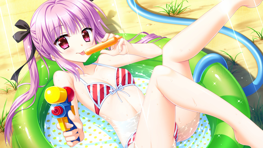 1girl, bikini, day, diagonal_stripes, floral_flowlove, food, game_cg, hair_ribbon