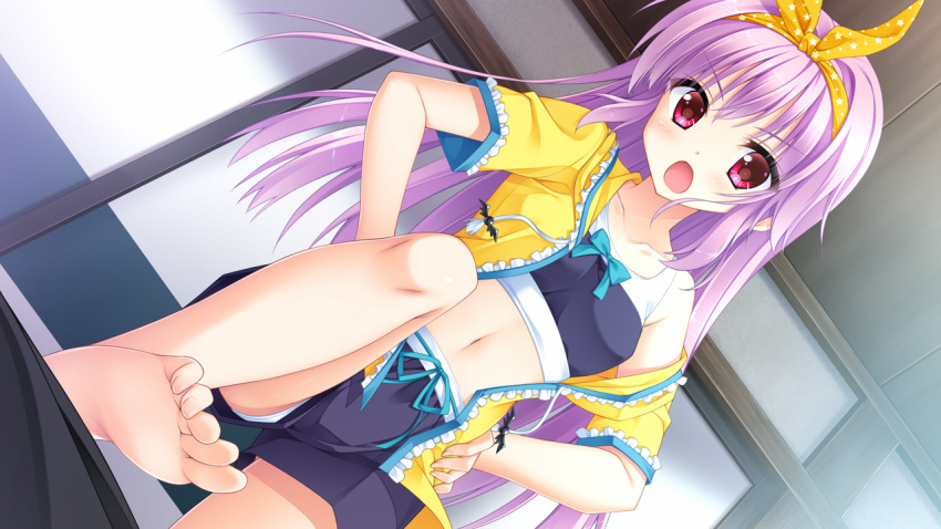 1girl, barefoot, feet, floral_flowlove, game_cg, leg_up, looking_at_viewer, moribe_(rabumanyo)