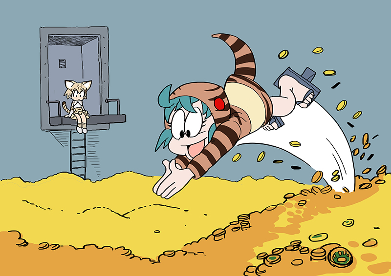 2girls, :d, animal_ears, aqua_hair, black_eyes, blonde_hair, diving, duck_tales