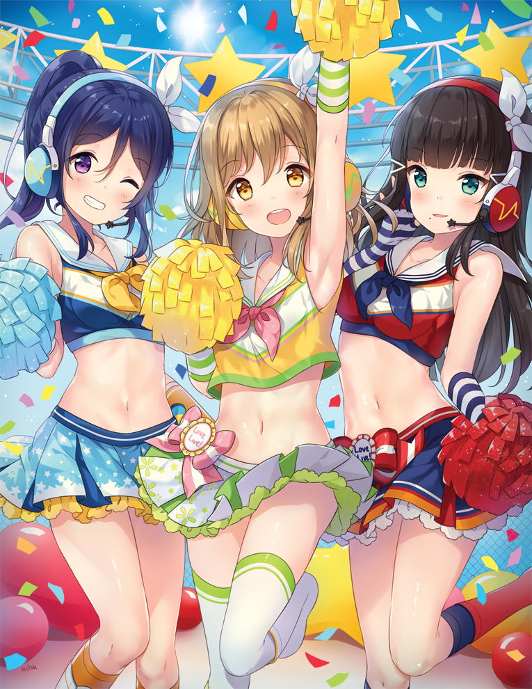 3girls, azalea_(love_live!), black_hair, black_legwear, blue_hair, blush, boots, breasts