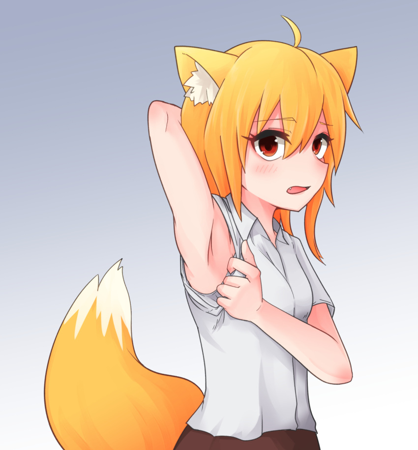 1girl, ahoge, animal_ears, armpit_peek, armpits, blonde_hair, blush, brown_skirt