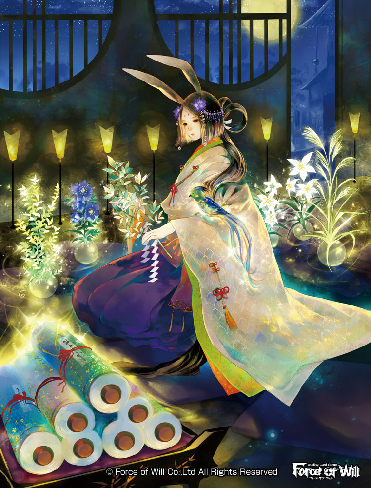 1girl, animal_ears, bird, black_hair, copyright_name, flower, force_of_will, hair_flower