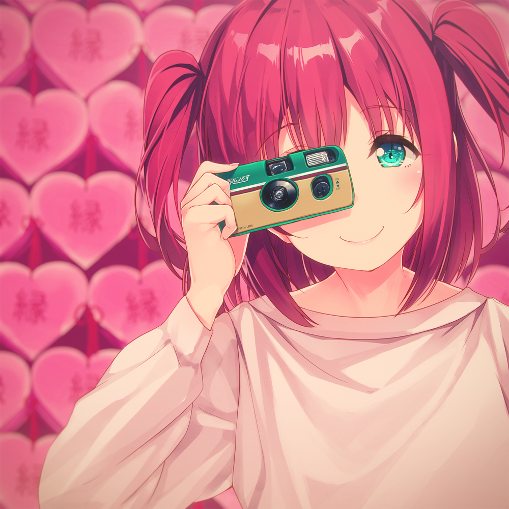 1girl, aqua_eyes, bangs, blurry, blurry_background, camera, commentary_request, heart