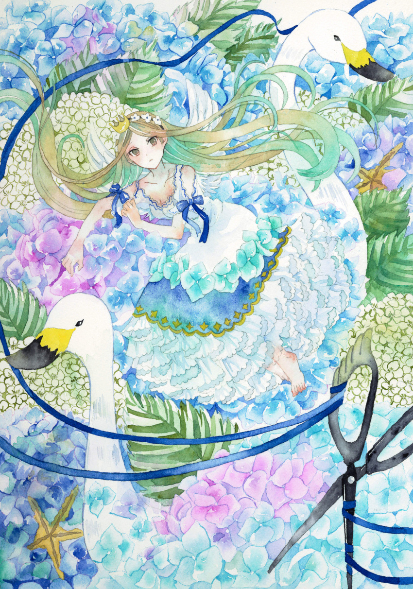 1girl, barefoot, bird, blue_ribbon, breasts, brown_eyes, brown_hair, crown