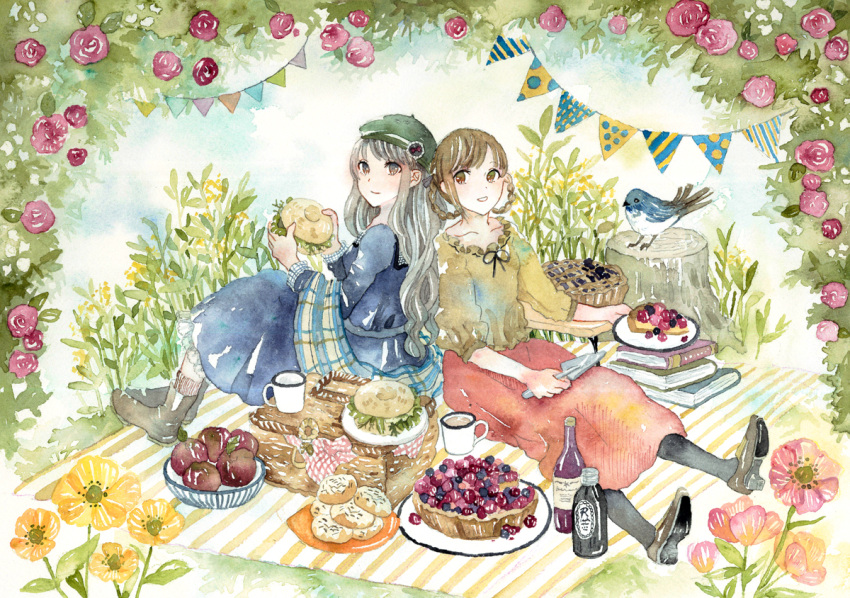 2girls, apple, back-to-back, bird, black_legwear, blanket, blue_dress, blue_sky