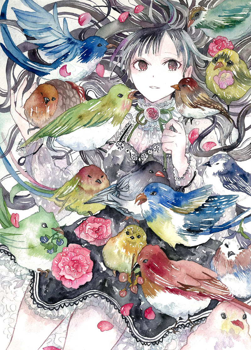 1girl, animal, animal_on_head, animal_on_shoulder, beak_hold, bird, bird_on_arm, bird_on_hand