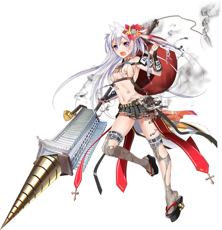>:o, 1girl, :o, antenna_hair, breasts, checkered, checkered_skirt, cleavage, flower, full_body, hair_flower, hair_ornament, holding, holding_spear, holding_weapon, long_hair, medium_breasts, midriff, murakami_yuichi, navel, official_art, open_mouth, oshiro_project, oshiro_project_re, oyama_(oshiro_project), pleated_skirt, polearm, purple_hair, sideboob, skirt, spear, thigh-highs, torn_clothes, torn_skirt, transparent_background, two_side_up, very_long_hair, weapon, white_hair