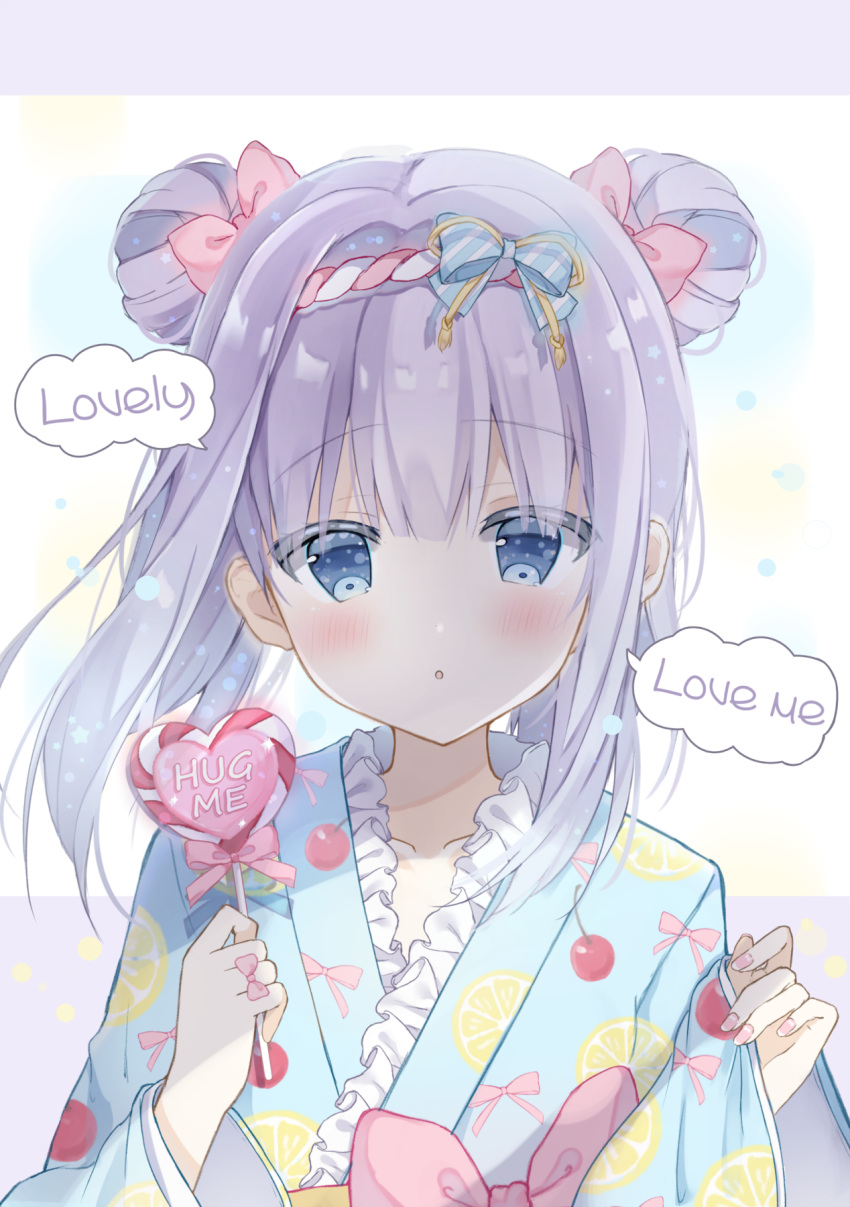 1girl, bangs, blue_eyes, blue_kimono, blush, bow, candy, double_bun, english, eyebrows_visible_through_hair, food, frilled_kimono, frills, grey_hair, hair_bow, half-closed_eyes, hands_up, heart, highres, japanese_clothes, kimono, lollipop, long_hair, looking_at_viewer, original, parted_lips, pink_bow, saeki_sora, silver_hair, solo, speech_bubble, upper_body