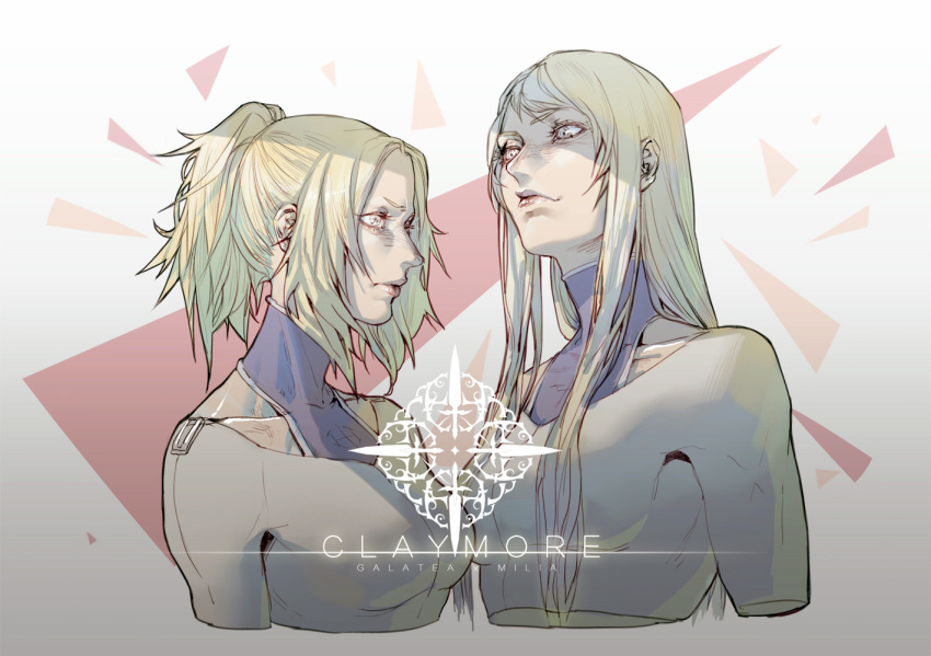 2girls, blonde_hair, bodysuit, breasts, claymore, collarbone, cropped_arms, cropped_torso, galatea, grey_eyes, hebi_utage, lips, long_hair, medium_breasts, miria, multiple_girls, ponytail, short_ponytail, sketch