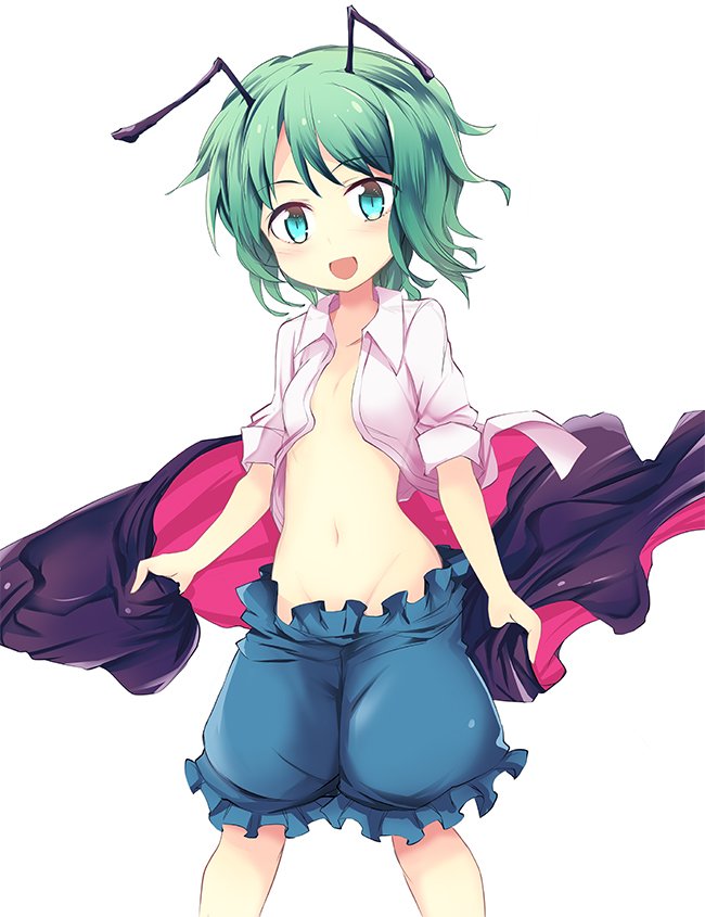1girl, :d, antennae, bangs, bloomers, blue_bloomers, blush, breasts, cape, cape_removed, collarbone, commentary_request, cowboy_shot, eyebrows_visible_through_hair, green_eyes, green_hair, holding, holding_cape, looking_at_viewer, midriff, navel, open_clothes, open_mouth, open_shirt, shirt, short_hair, simple_background, sleeves_folded_up, small_breasts, smile, solo, stomach, suichuu_hanabi, touhou, underwear, white_background, white_shirt, wriggle_nightbug
