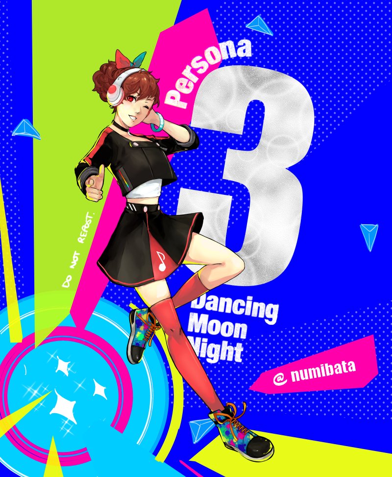 1girl, bow, copyright_name, female_protagonist_(persona_3), finger_gun, full_body, hair_bow, headphones, looking_at_viewer, numibata, one_eye_closed, parted_lips, persona, persona_3, persona_3:_dancing_moon_night, persona_3_portable, persona_dancing_night, pointing, pointing_at_viewer, ponytail, red_eyes, shoes, skirt, smile, sneakers, sparkle, twitter_username