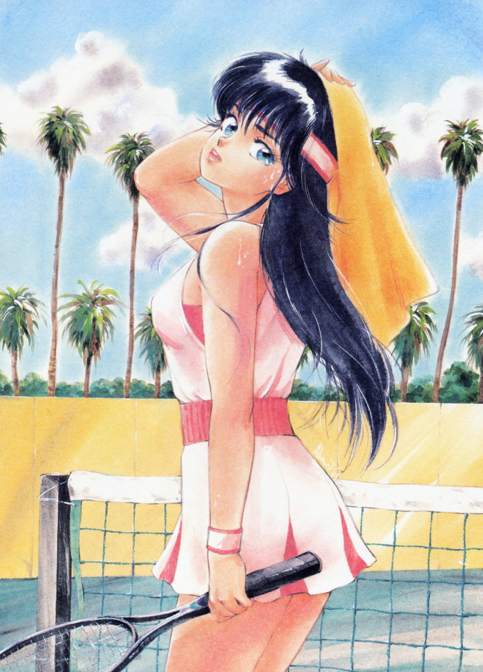 1girl, 80s, ayukawa_madoka, black_hair, cowboy_shot, day, drying, hand_on_head