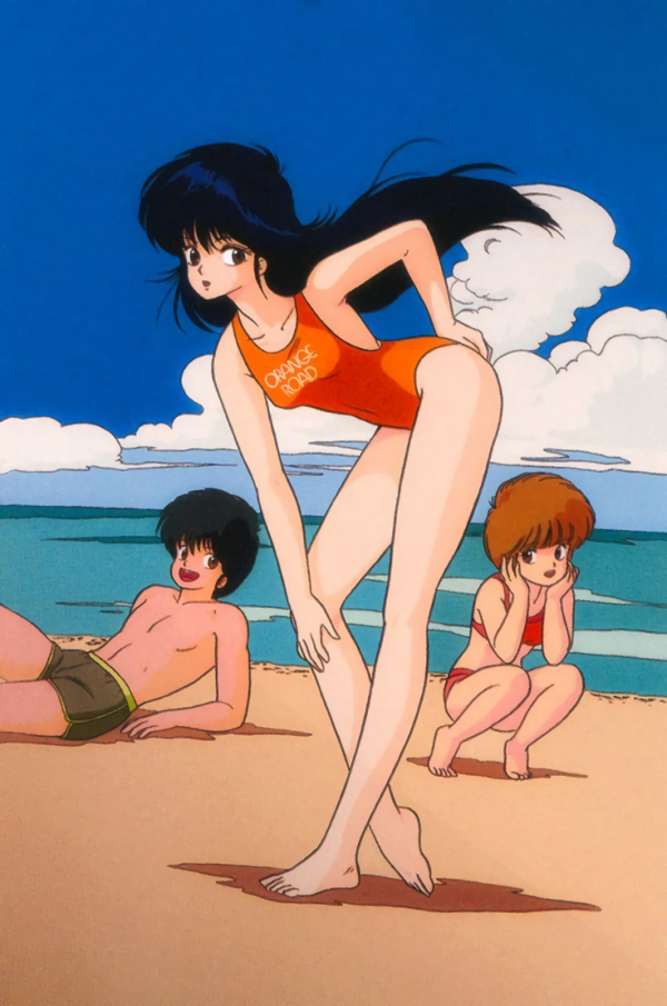 1boy, 2girls, 80s, ayukawa_madoka, barefoot, beach, bikini, black_eyes, black_hair, brown_eyes, brown_hair, clothes_writing, day, hand_on_hip, hand_on_own_knee, hands_on_own_face, hiyama_hikaru, kimagure_orange_road, leaning_back, long_hair, looking_at_viewer, matsumoto_izumi, multiple_girls, ocean, official_art, oldschool, one-piece_swimsuit, open_mouth, orange_swimsuit, outdoors, pose, red_bikini, short_hair, squatting, standing, swimsuit