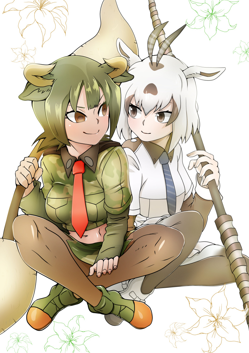 2girls, absurdres, animal_ears, antenna_hair, antlers, arabian_oryx_(kemono_friends), aurochs_(kemono_friends), black_hair