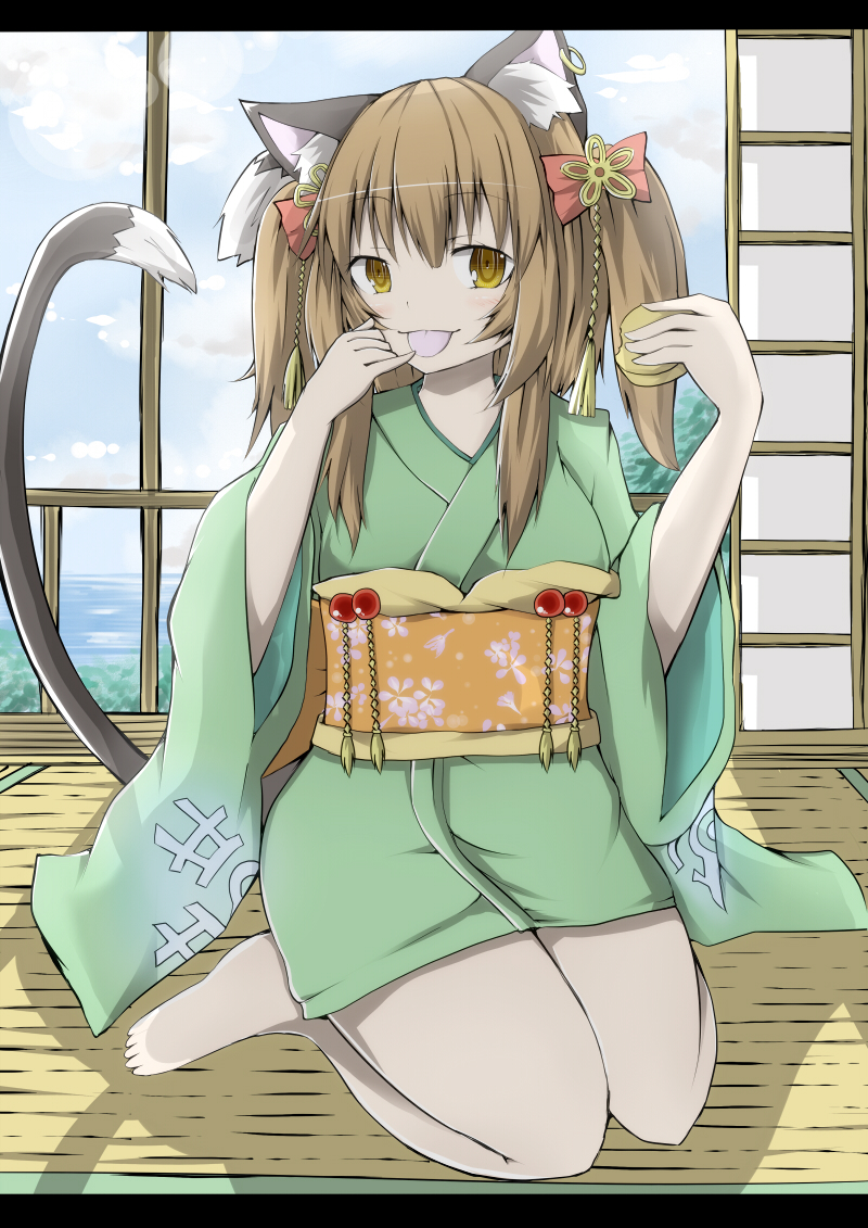 1girl, :p, alternate_costume, alternate_eye_color, alternate_hairstyle, animal_ears, blue_sky, brown_hair