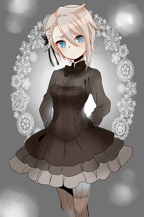 1girl, ange_(princess_principal), blue_eyes, blush, braid, dress, embarrassed, hair_ribbon