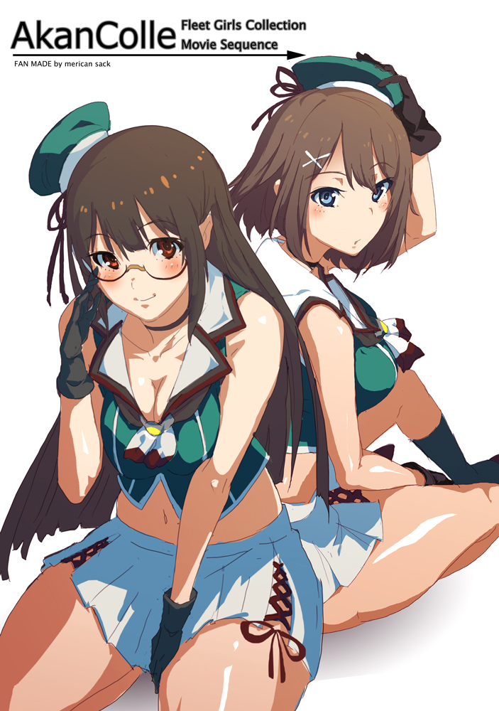 2girls, antennae, back-to-back, beret, black_gloves, black_hair, blue_eyes, brown_hair