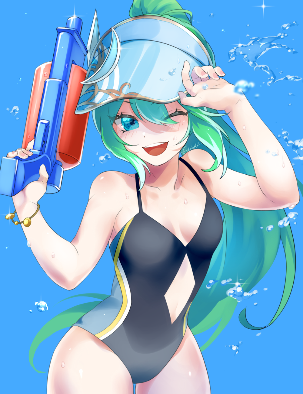 1girl, artemis_(p&amp;d), blue_eyes, covered_navel, gen_(gen_m_gen), green_hair, hair_between_eyes, highres