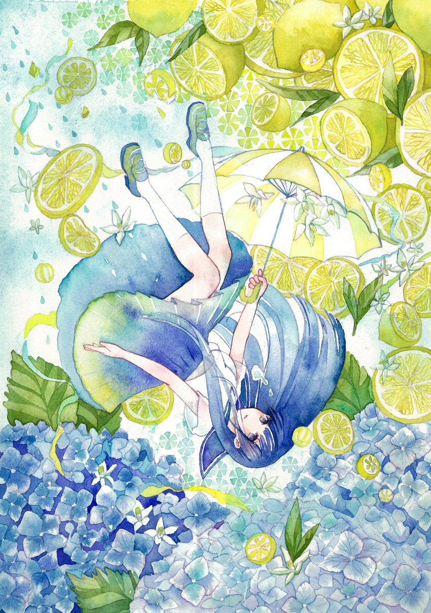 absurdres, blue_dress, blue_hair, dress, en4xx, flower, food, fruit