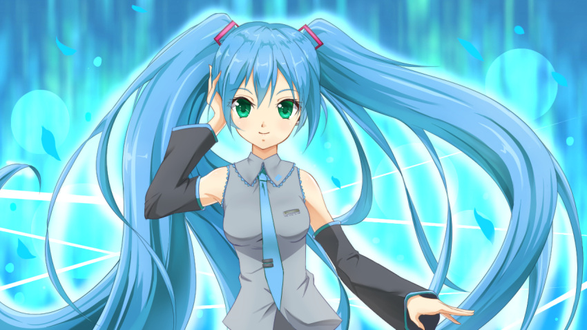 1girl, blue_hair, blue_necktie, blush, breasts, closed_mouth, detached_sleeves, eyebrows_visible_through_hair