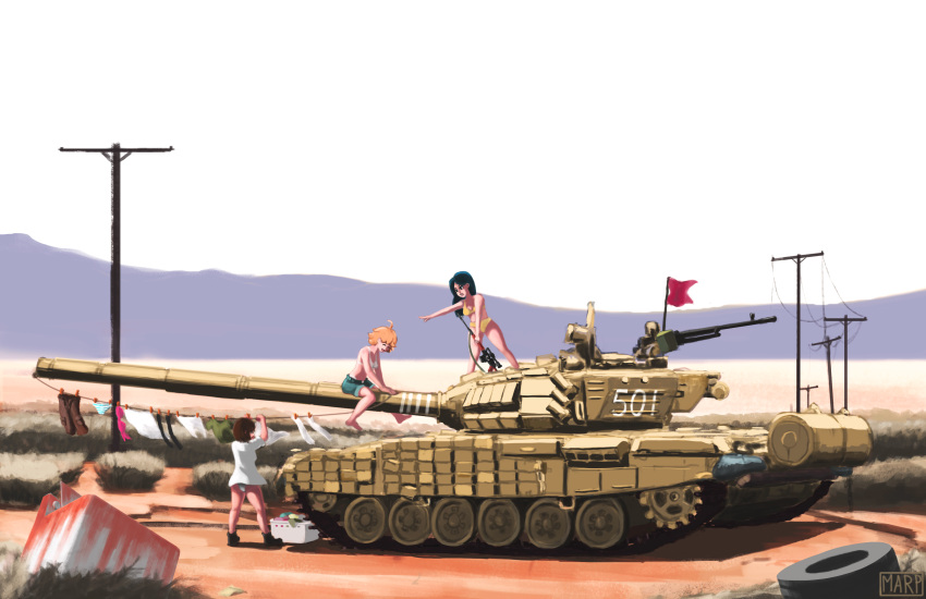 3girls, absurdres, bra, day, evening, flag, ground_vehicle, gun